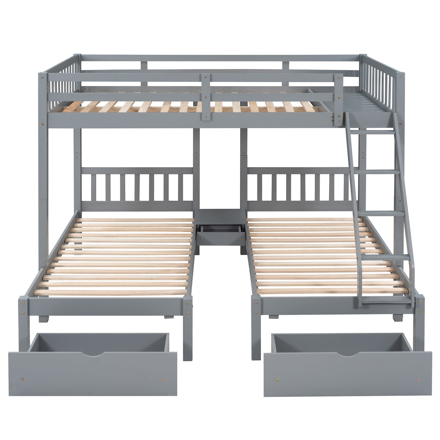 Full Over Twin & Twin Bunk Bed, Wood Triple Bunk Bed with Drawers and Guardrails,