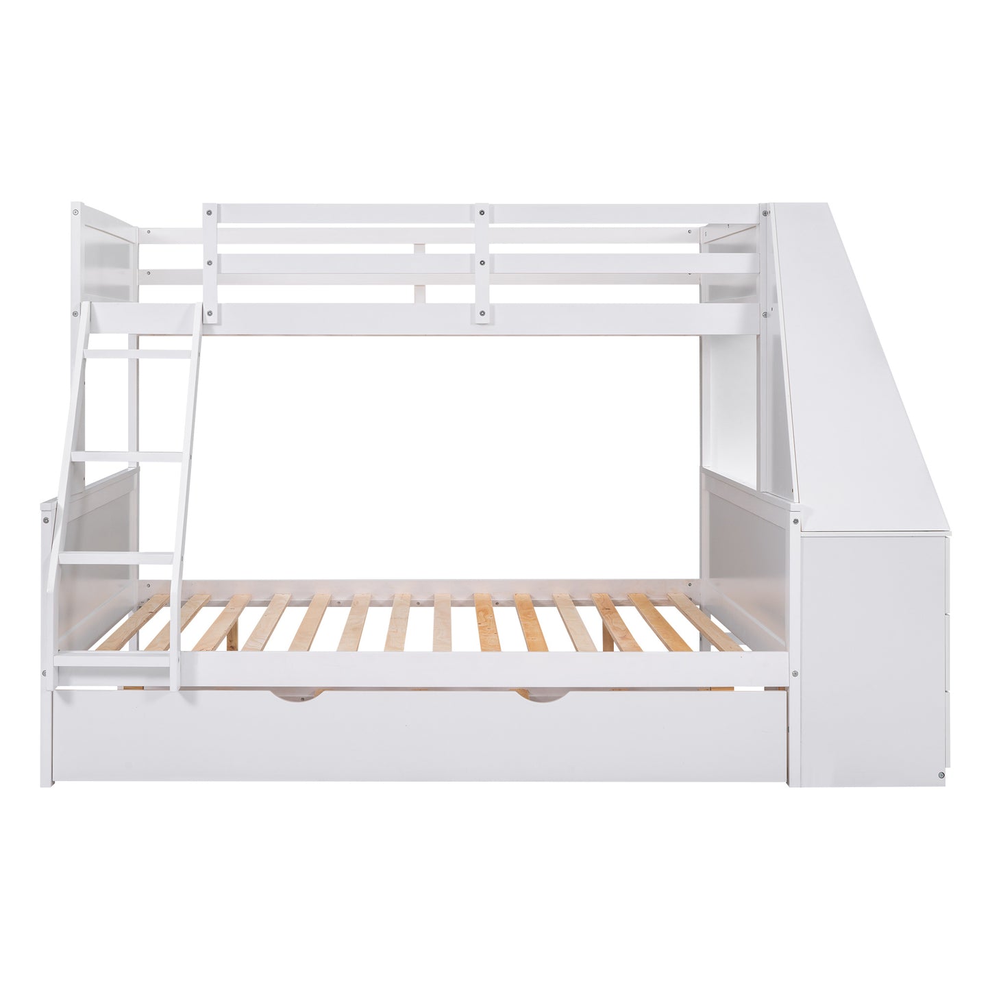 Twin over Full Bunk Bed with Trundle and Built-in Desk, Three Storage Drawers and Shelf, White