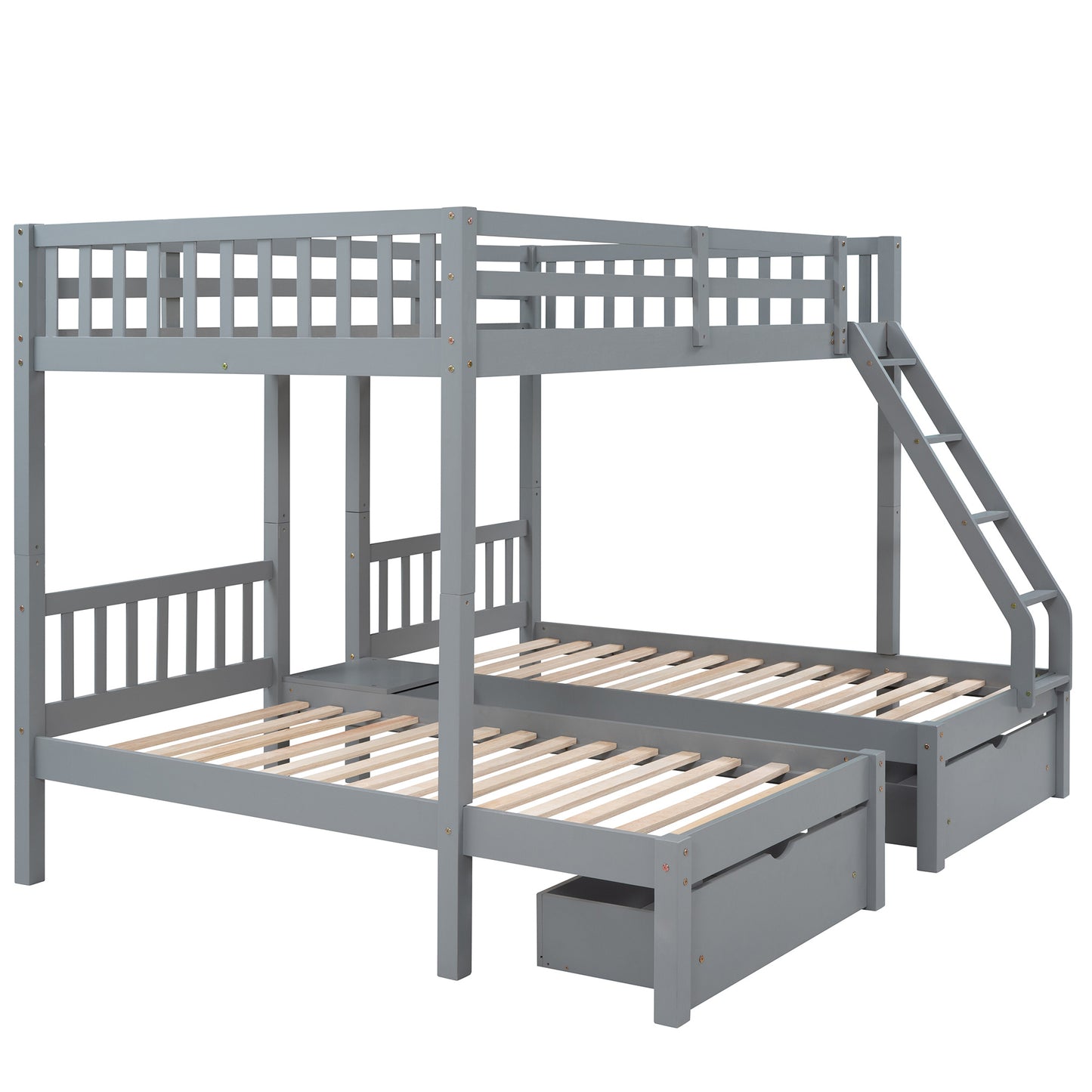 Full Over Twin & Twin Bunk Bed, Wood Triple Bunk Bed with Drawers and Guardrails,