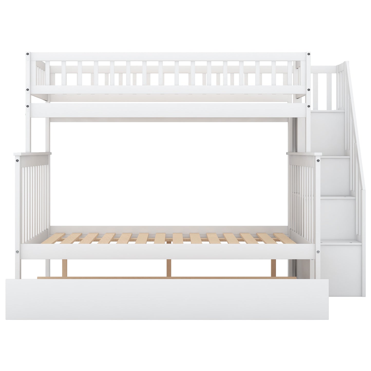 Twin over Full Bunk Bed with Trundle and Staircase, White