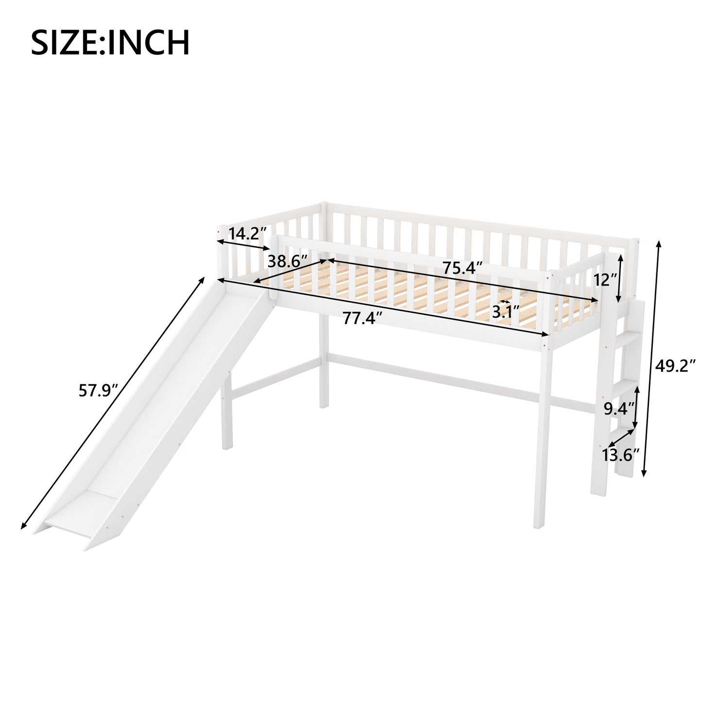 Twin Size Low Loft Bed with Ladder and Slide,White