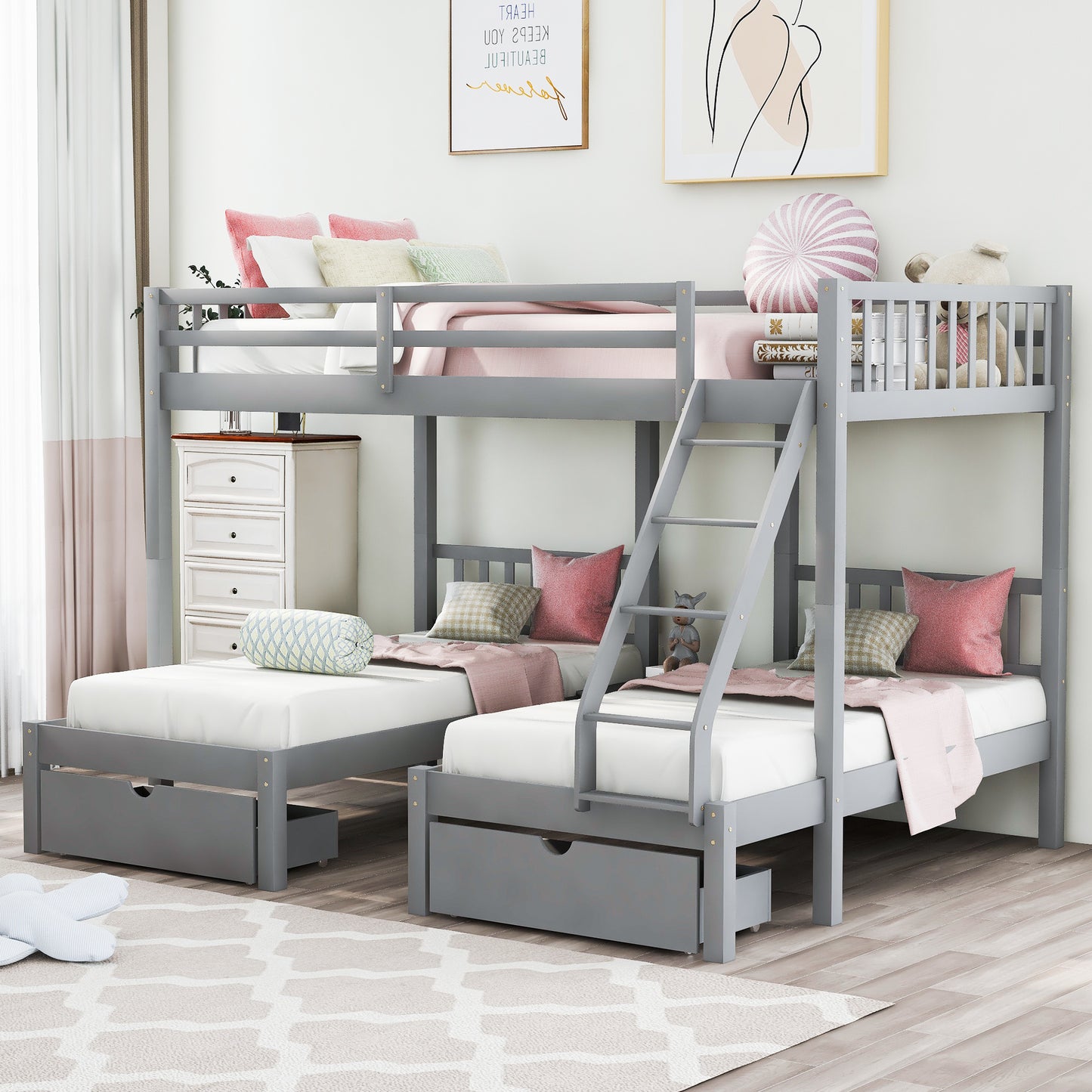 Full Over Twin & Twin Bunk Bed, Wood Triple Bunk Bed with Drawers and Guardrails,