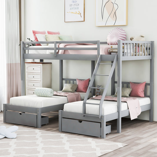 Full Over Twin & Twin Bunk Bed, Wood Triple Bunk Bed with Drawers and Guardrails,