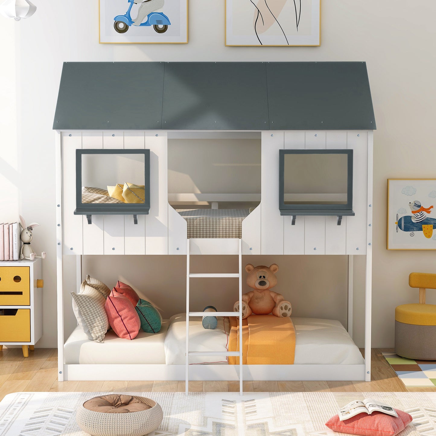Twin Over Twin Bunk Bed Wood Bed with Roof, Window, Guardrail, Ladder , White