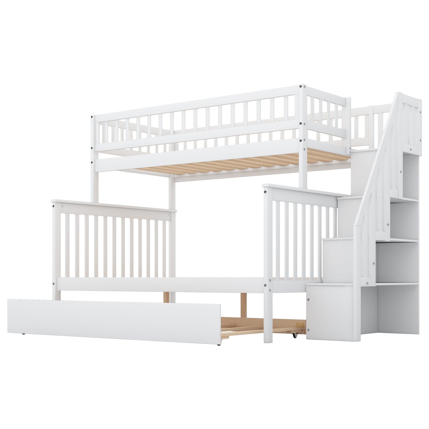 Twin over Full Bunk Bed with Trundle and Staircase, White