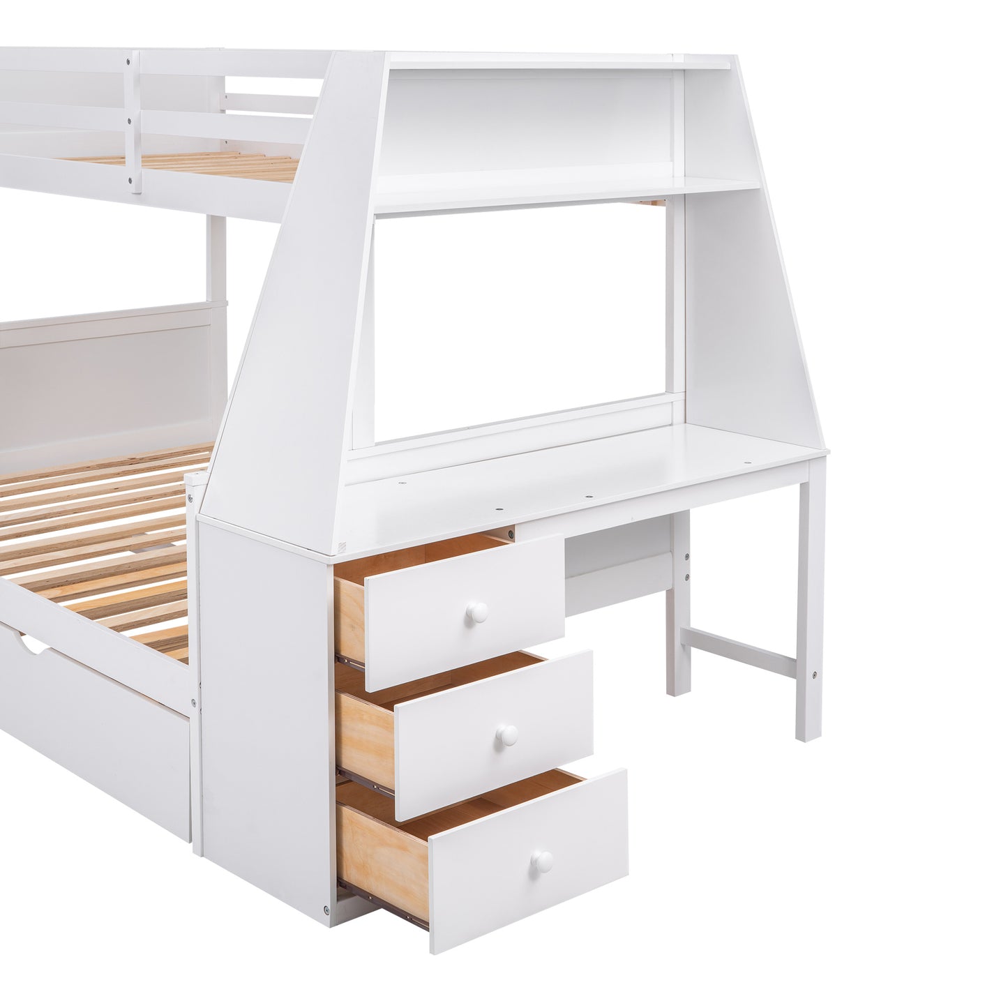 Twin over Full Bunk Bed with Trundle and Built-in Desk, Three Storage Drawers and Shelf, White