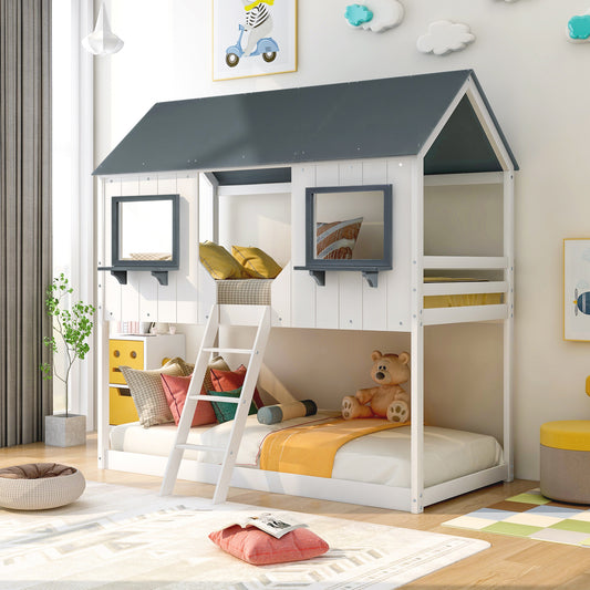 Twin Over Twin Bunk Bed Wood Bed with Roof, Window, Guardrail, Ladder ,  White