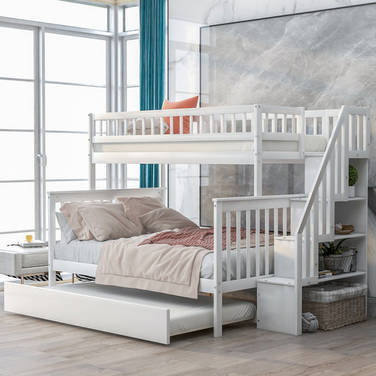 Twin over Full Bunk Bed with Trundle and Staircase,  White