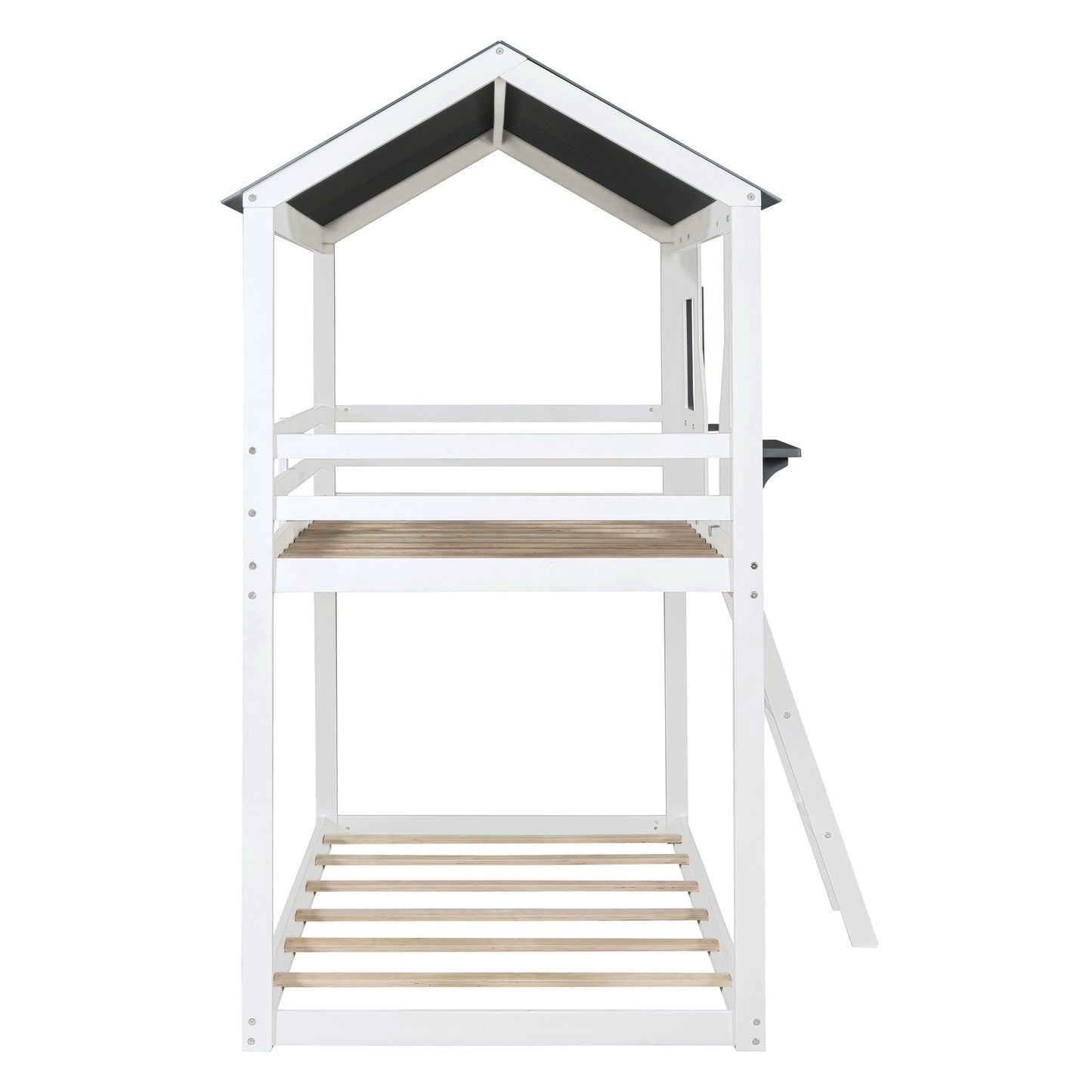 Twin Over Twin Bunk Bed Wood Bed with Roof, Window, Guardrail, Ladder , White