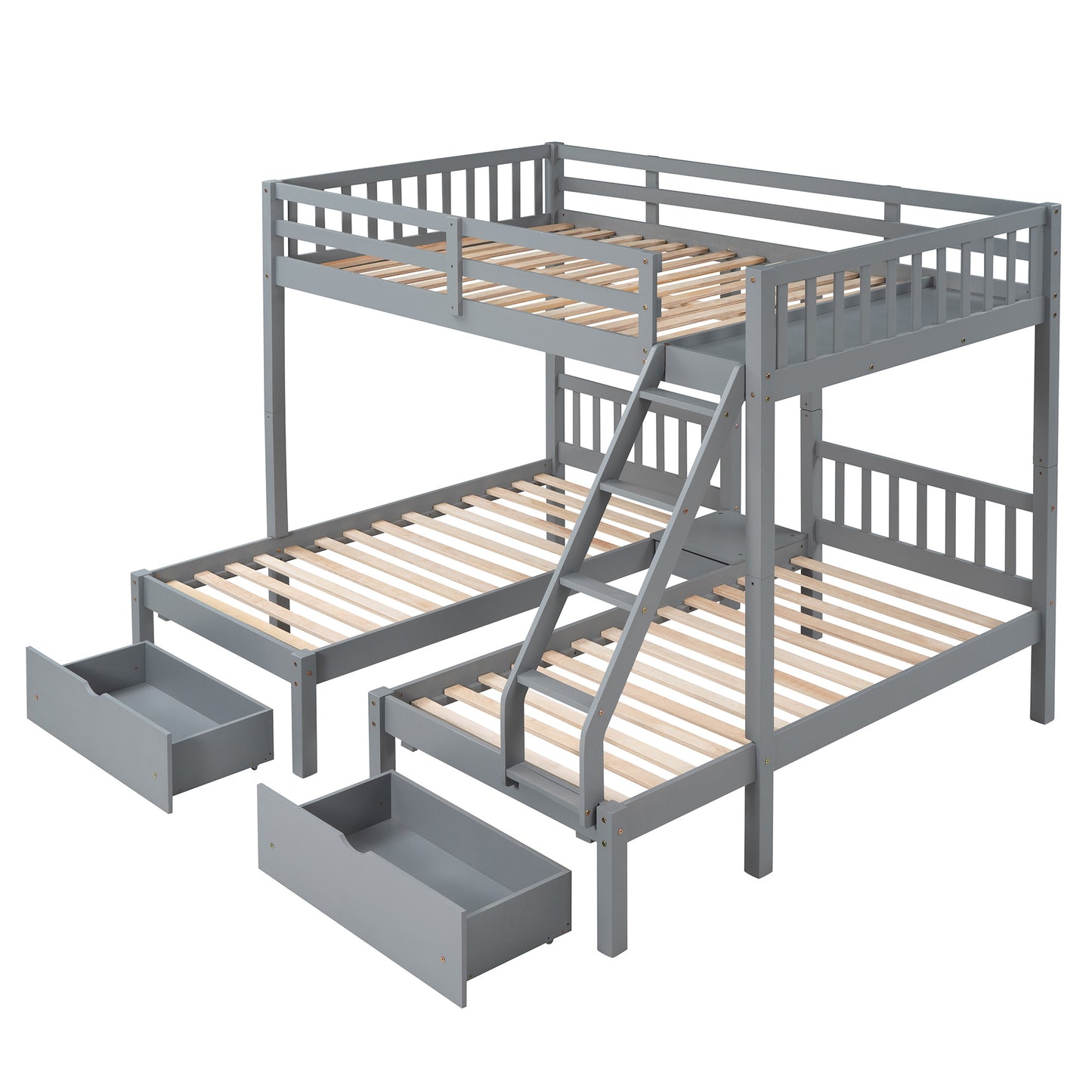 Full Over Twin & Twin Bunk Bed, Wood Triple Bunk Bed with Drawers and Guardrails,