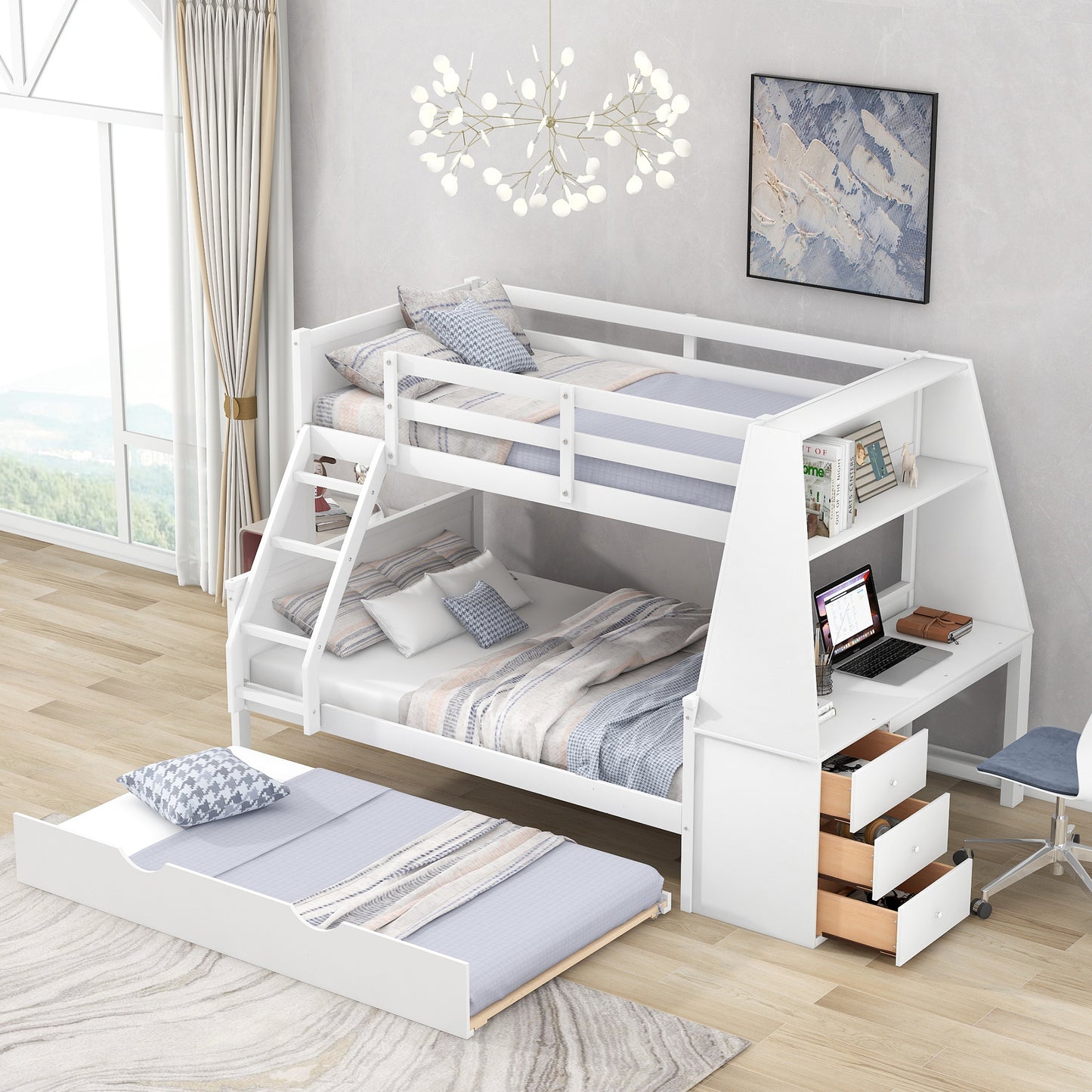 Twin over Full Bunk Bed with Trundle and Built-in Desk, Three Storage Drawers and Shelf, White