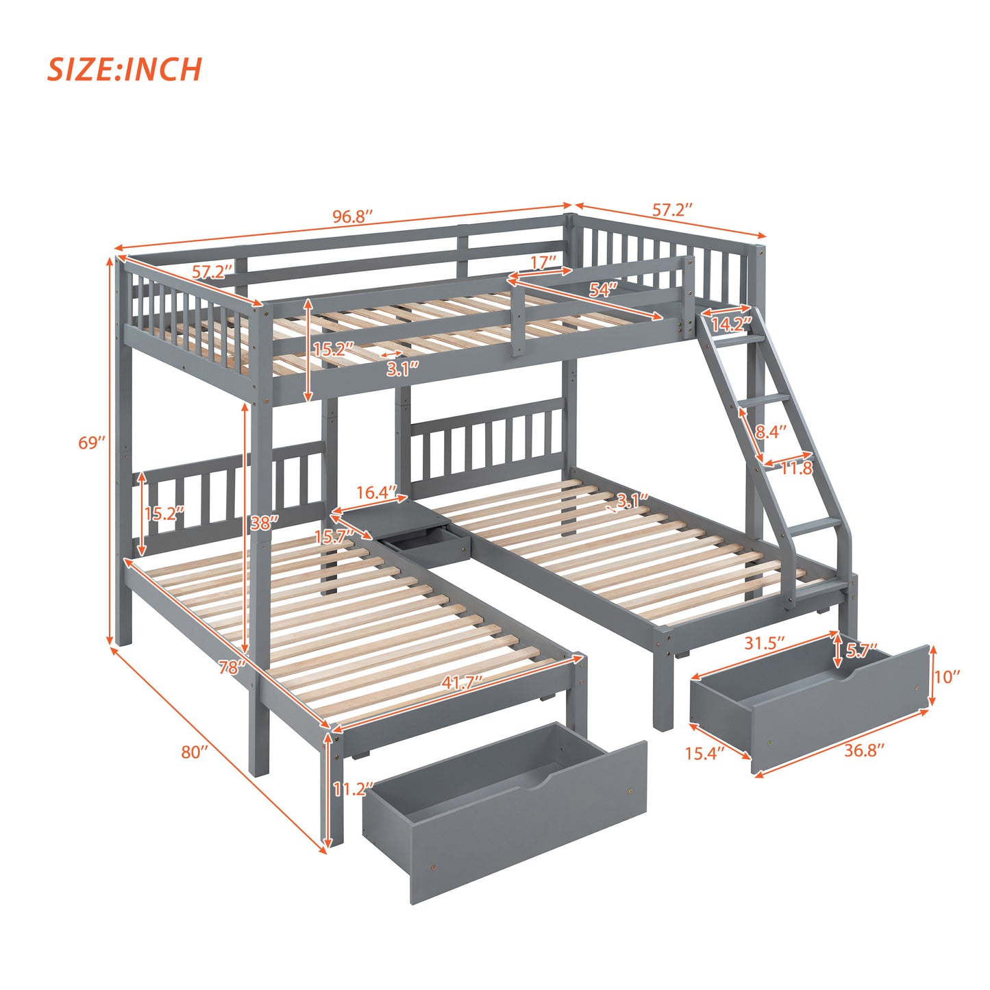 Full Over Twin & Twin Bunk Bed, Wood Triple Bunk Bed with Drawers and Guardrails,