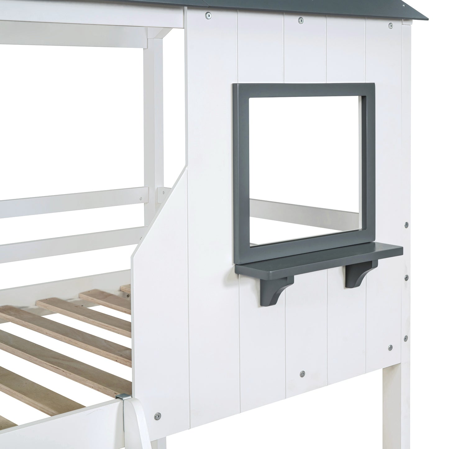 Twin Over Twin Bunk Bed Wood Bed with Roof, Window, Guardrail, Ladder , White