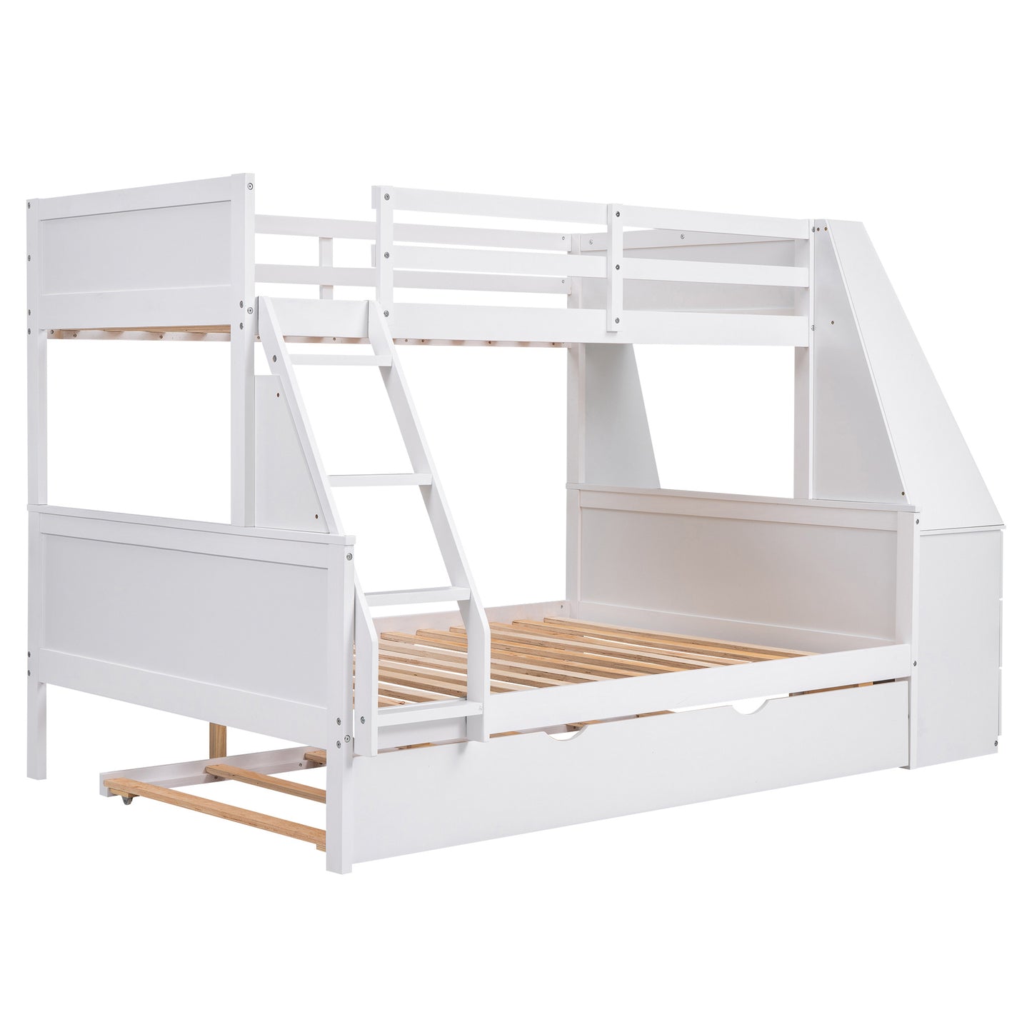 Twin over Full Bunk Bed with Trundle and Built-in Desk, Three Storage Drawers and Shelf, White