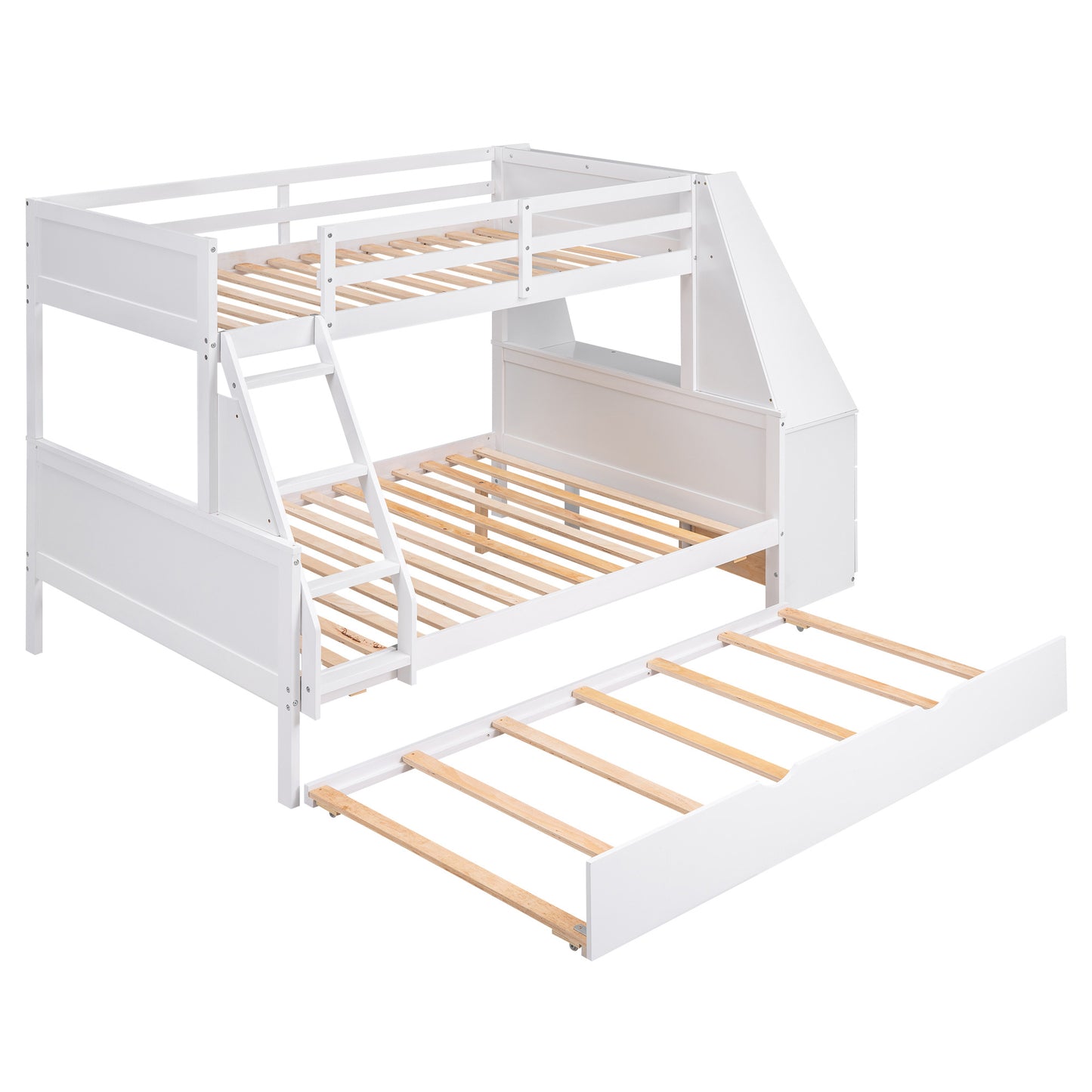 Twin over Full Bunk Bed with Trundle and Built-in Desk, Three Storage Drawers and Shelf, White
