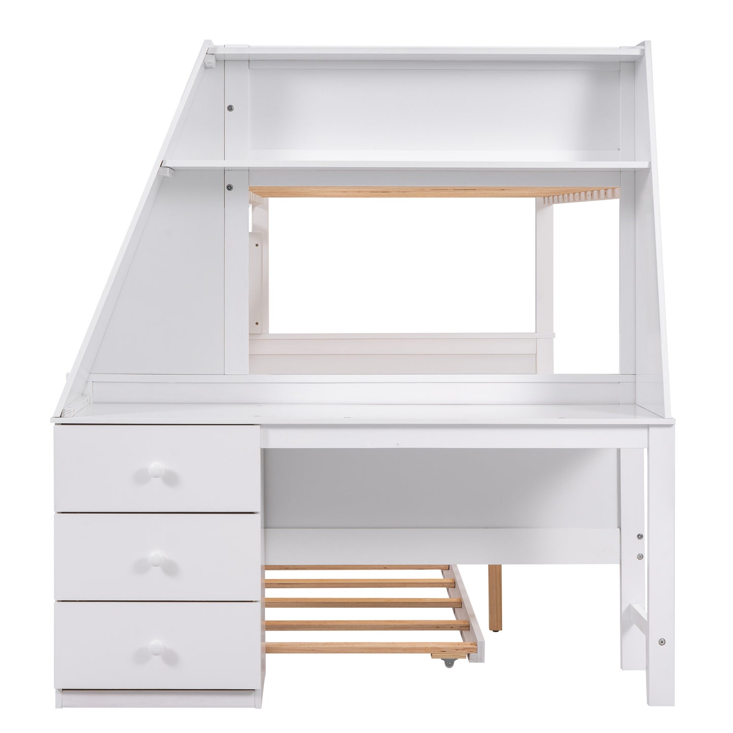 Twin over Full Bunk Bed with Trundle and Built-in Desk, Three Storage Drawers and Shelf, White