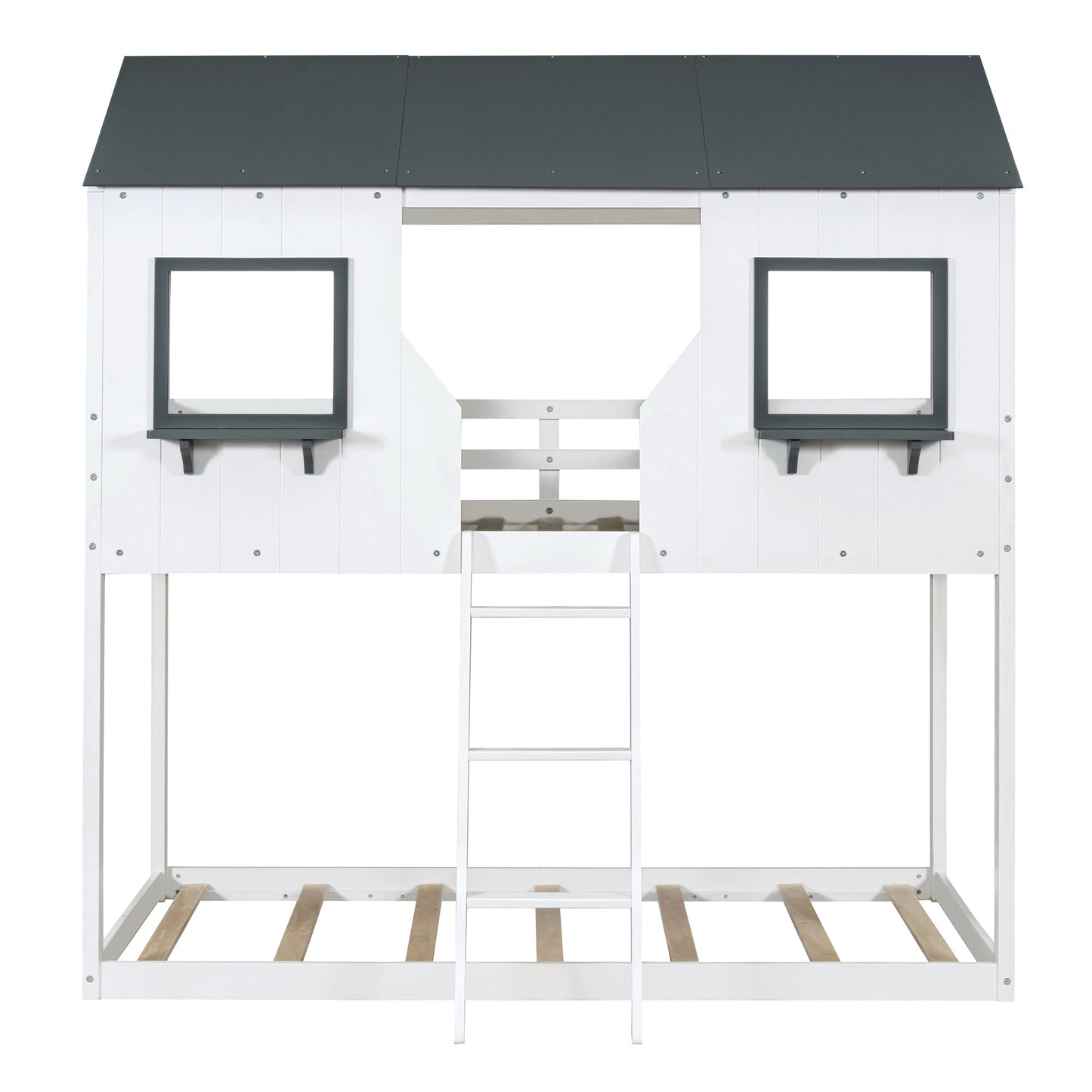 Twin Over Twin Bunk Bed Wood Bed with Roof, Window, Guardrail, Ladder , White