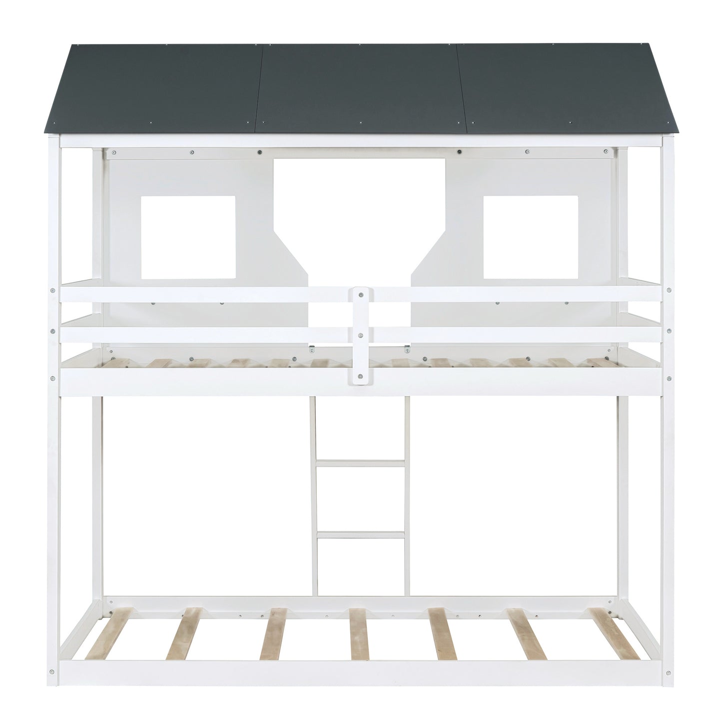 Twin Over Twin Bunk Bed Wood Bed with Roof, Window, Guardrail, Ladder , White