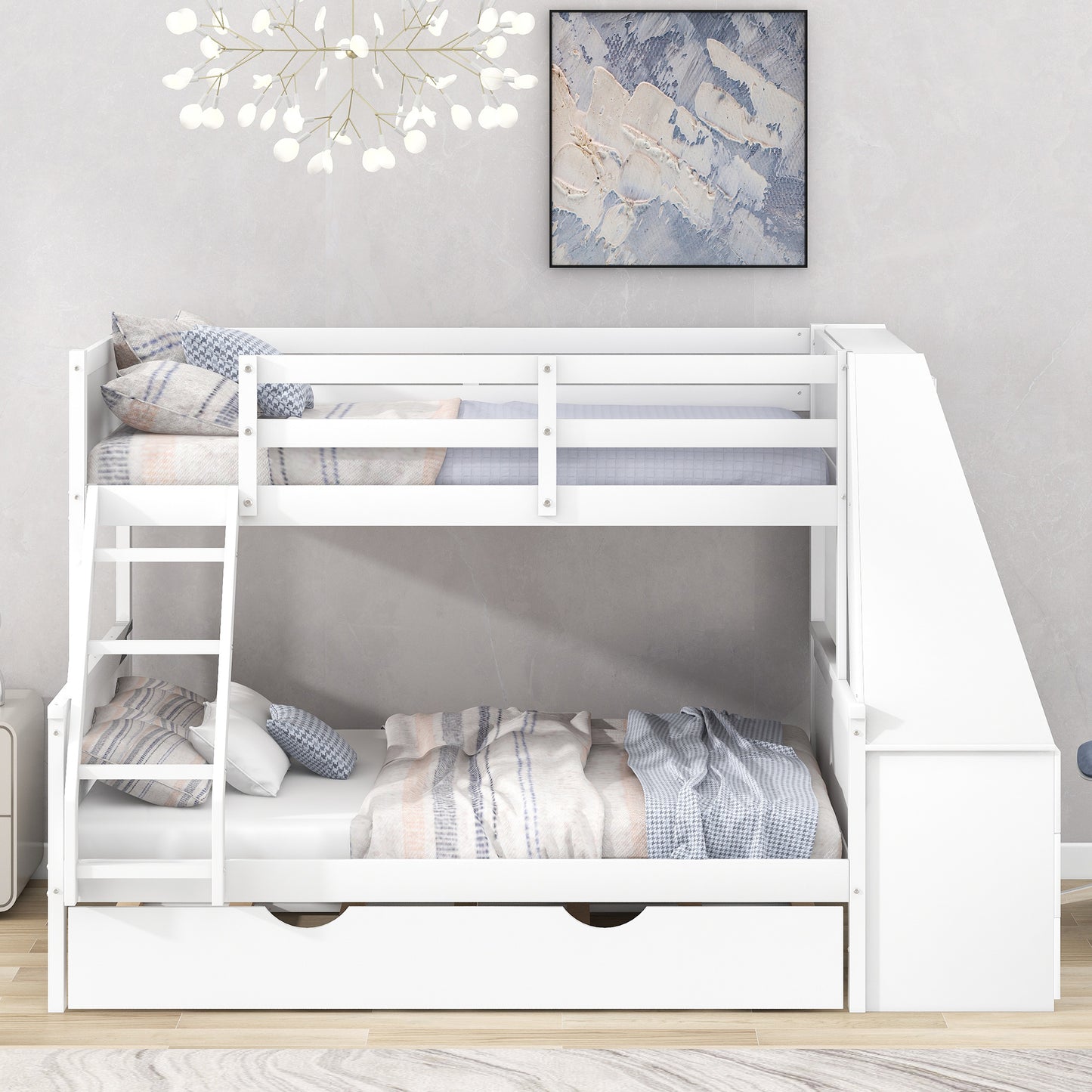 Twin over Full Bunk Bed with Trundle and Built-in Desk, Three Storage Drawers and Shelf, White
