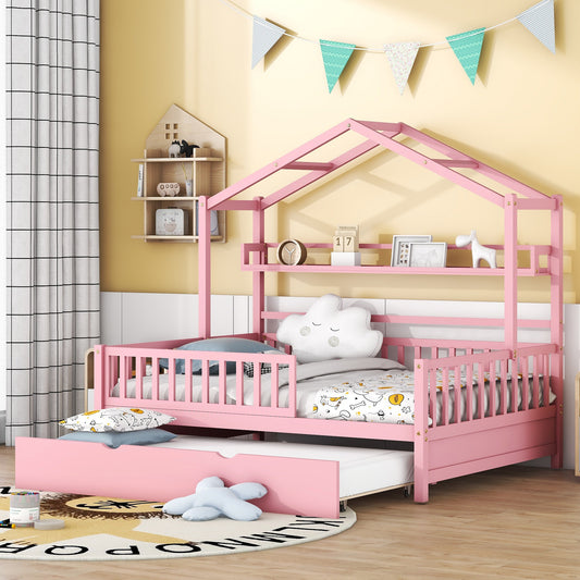 Wooden Full Size House Bed with Twin Size Trundle,Kids Bed with Shelf,   Pink
