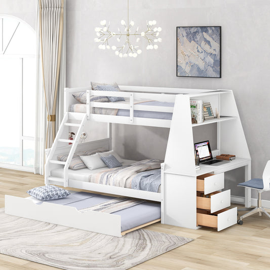 Twin over Full Bunk Bed with Trundle and Built-in Desk, Three Storage Drawers and Shelf,   White
