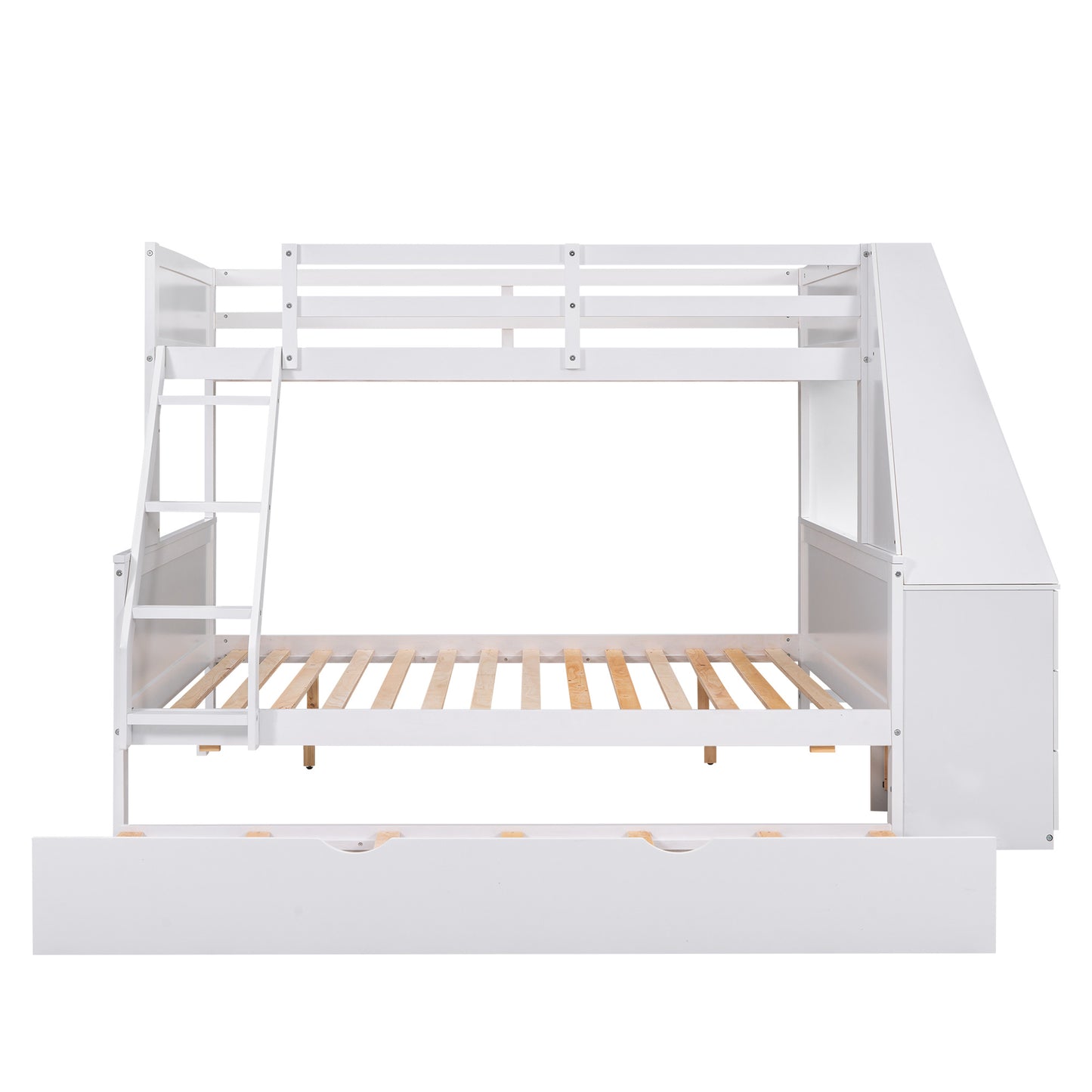 Twin over Full Bunk Bed with Trundle and Built-in Desk, Three Storage Drawers and Shelf, White