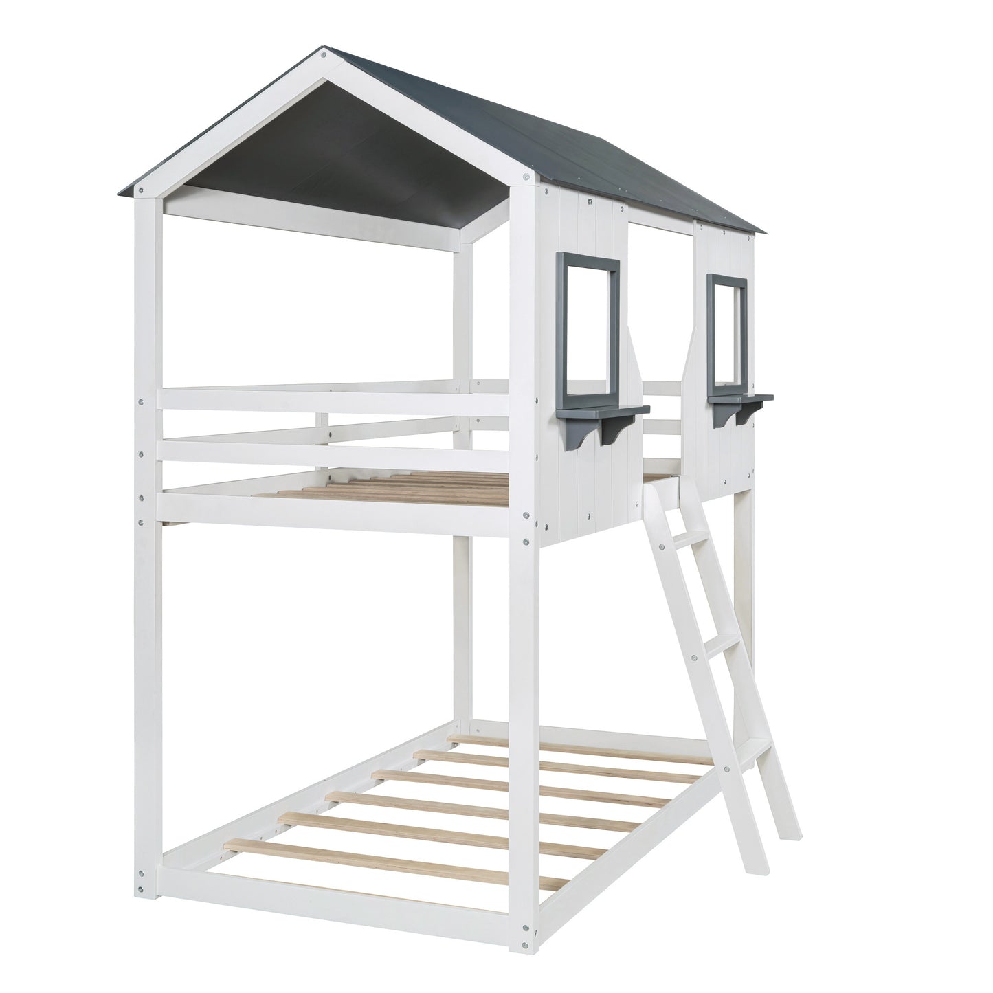 Twin Over Twin Bunk Bed Wood Bed with Roof, Window, Guardrail, Ladder , White