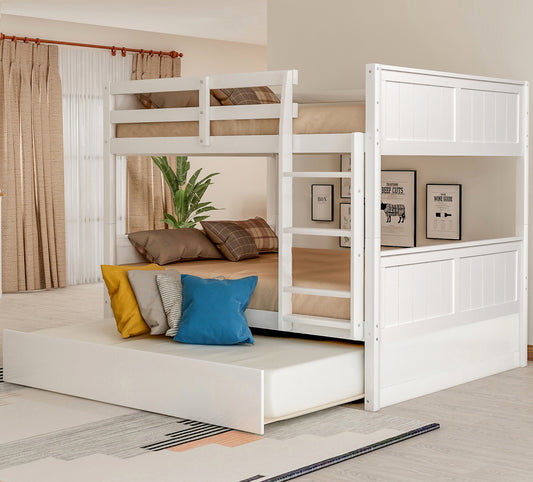Full Over Full Bunk Bed with Twin Size Trundle,   White