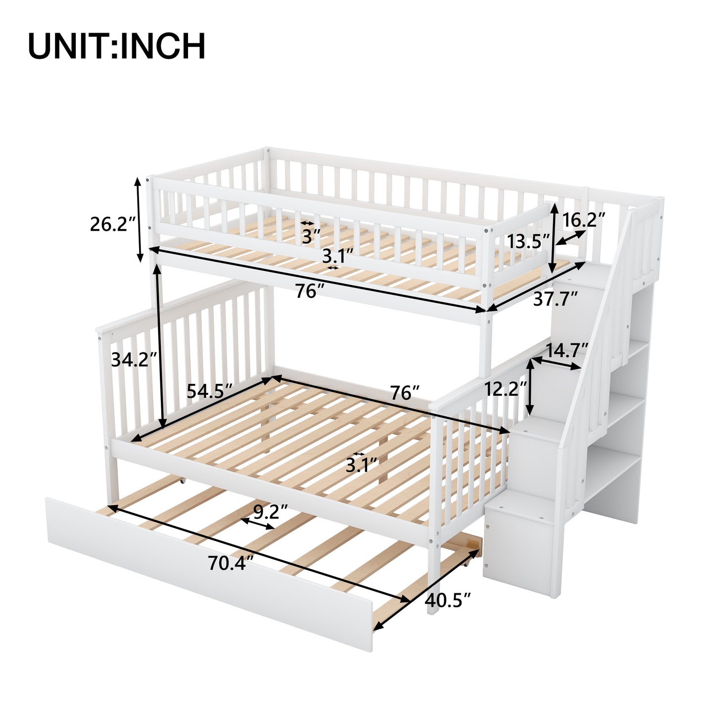 Twin over Full Bunk Bed with Trundle and Staircase, White