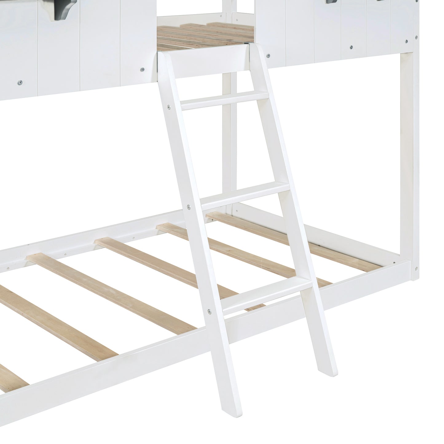 Twin Over Twin Bunk Bed Wood Bed with Roof, Window, Guardrail, Ladder , White