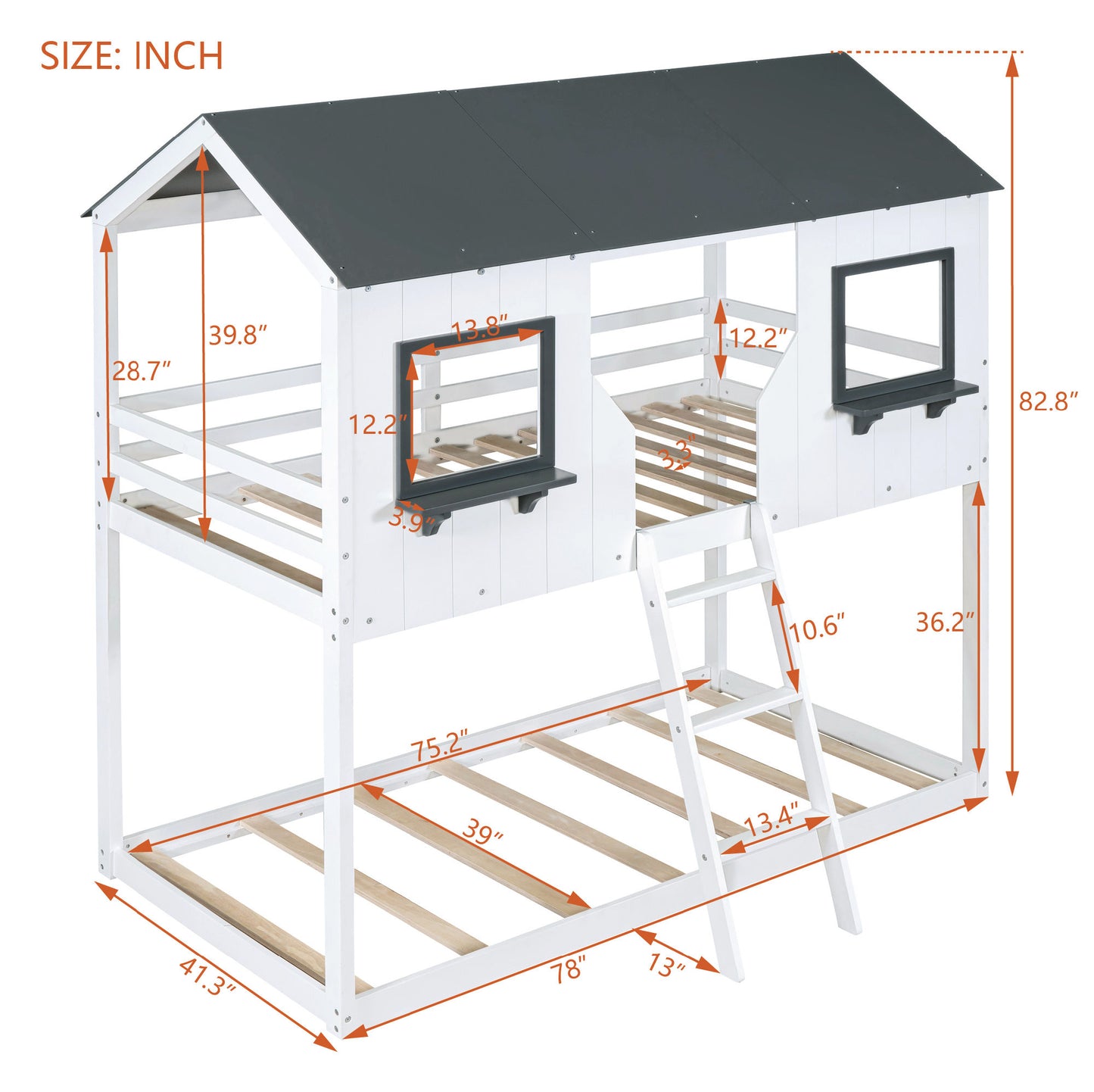 Twin Over Twin Bunk Bed Wood Bed with Roof, Window, Guardrail, Ladder , White