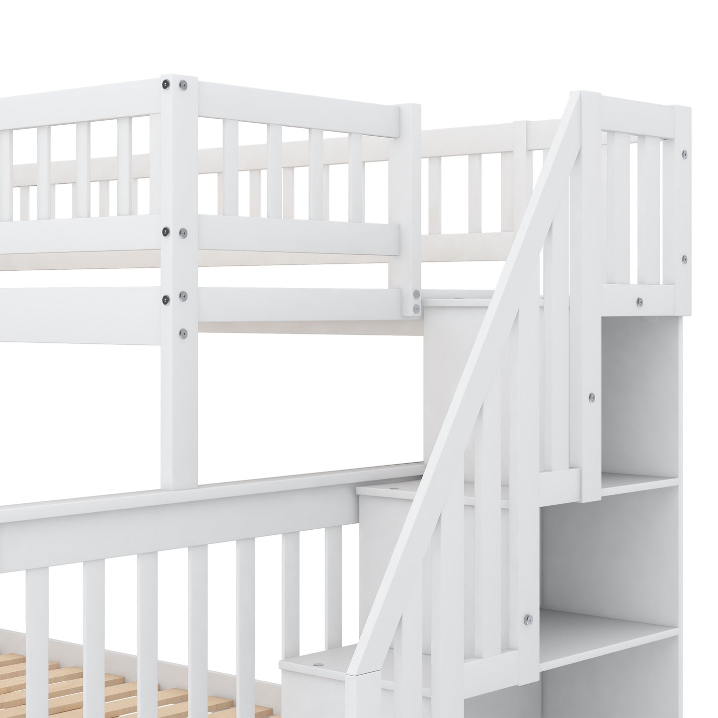 Twin over Full Bunk Bed with Trundle and Staircase, White