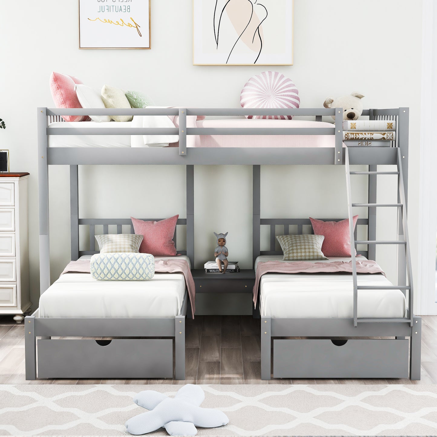 Full Over Twin & Twin Bunk Bed, Wood Triple Bunk Bed with Drawers and Guardrails,