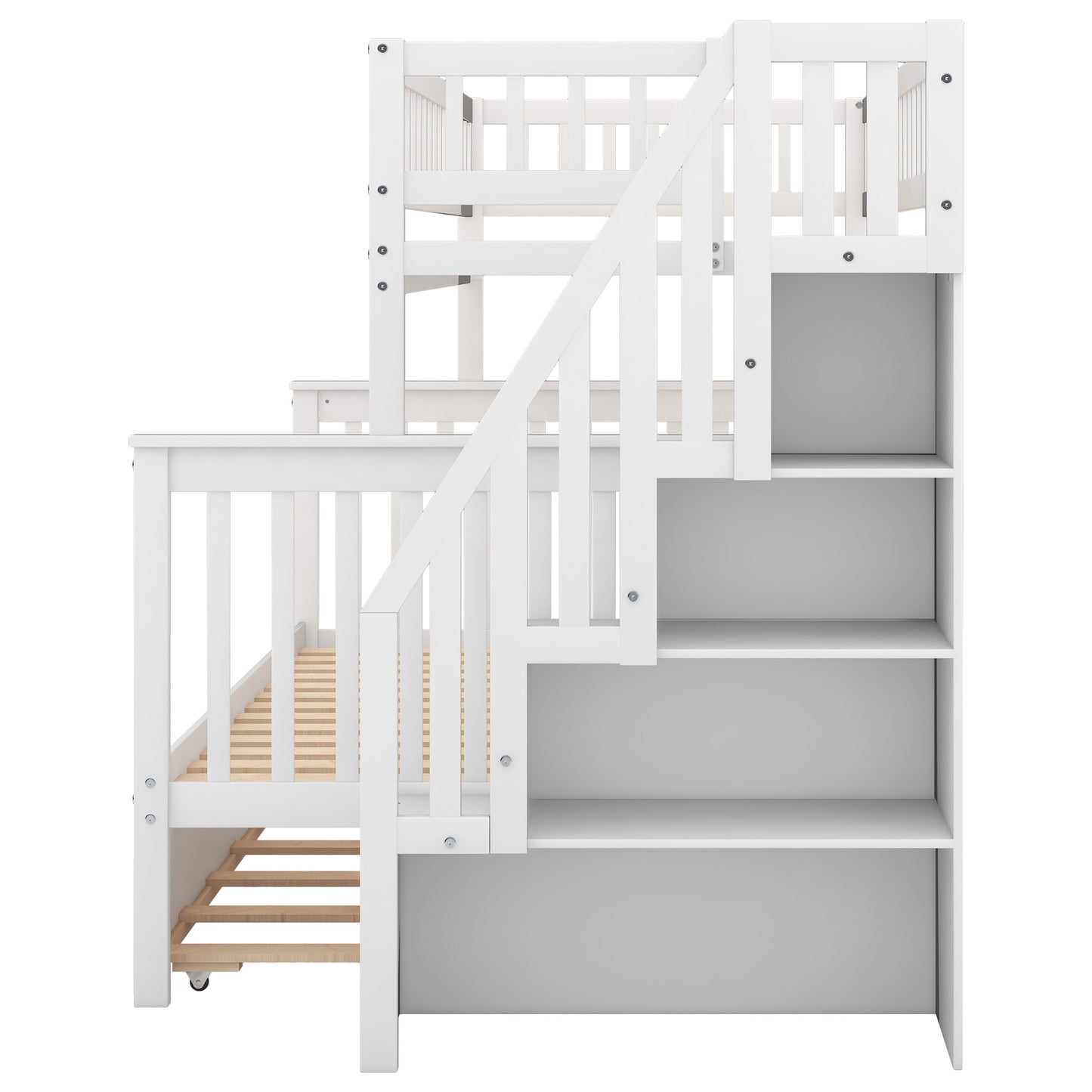 Twin over Full Bunk Bed with Trundle and Staircase, White